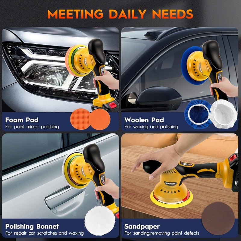 Ofeace Cordless Car Polisher Kit for Waxing & Scratch Removal, Beginner-Friendly 6-Inch Car Buffer with 2×21V Batteries, 8-Speed Max 6000 RPM, Orbital Polisher, 21-Piece Detailing Set - Image 5